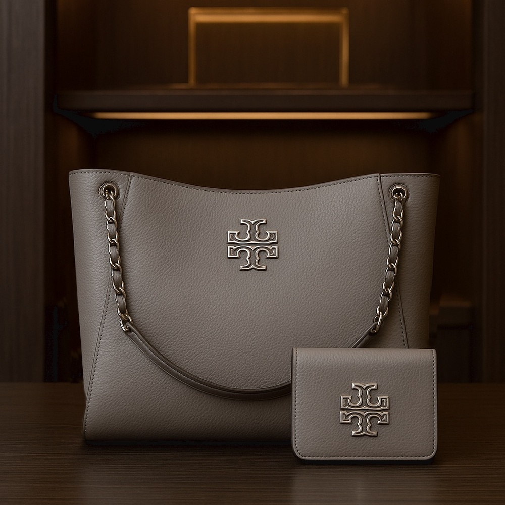 NEW Tory Burch Britten Gray Heron Small Slouchy Chain Tote + Britten Mini Wallet